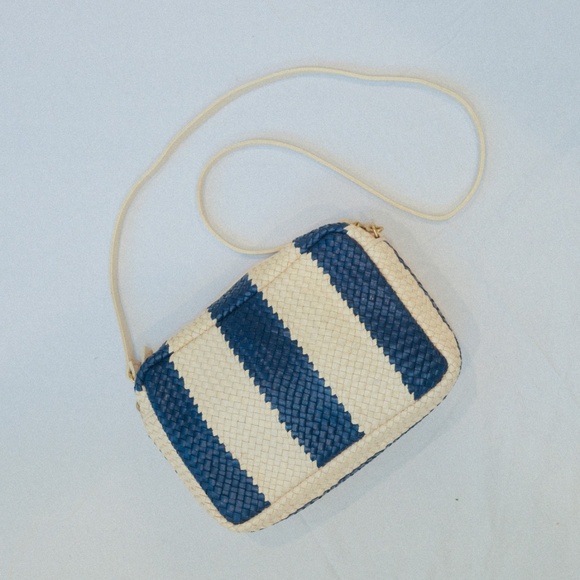 Clare V. Marisol Woven Leather Crossbody Bag – Indigo & Cream Racing Stripes - Picture 4 of 8